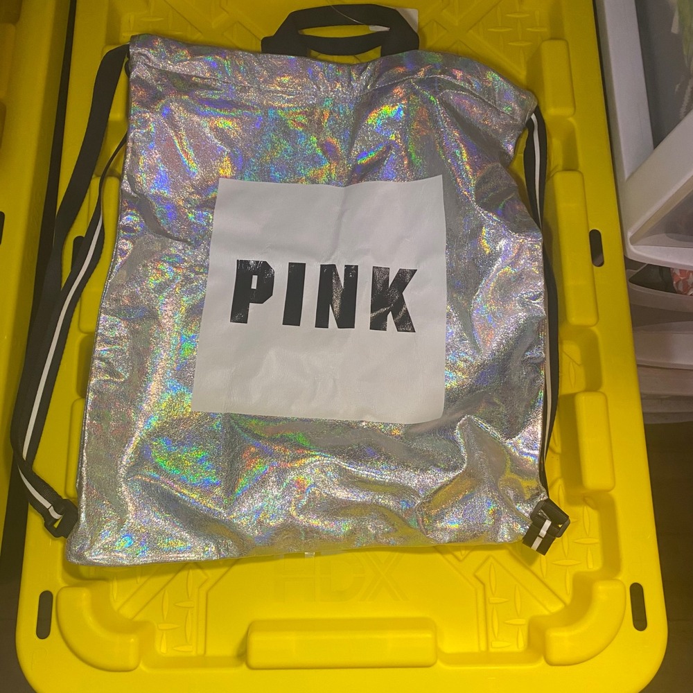 PINK Victoria's Secret Holographic Drawstring Backpack Bag Silver